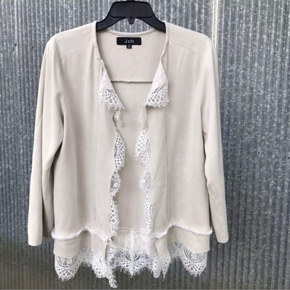 Joh High Yarn Cardigan Top Ivory Suede‎ Feel Open Front Sweater Lace Trim Medium